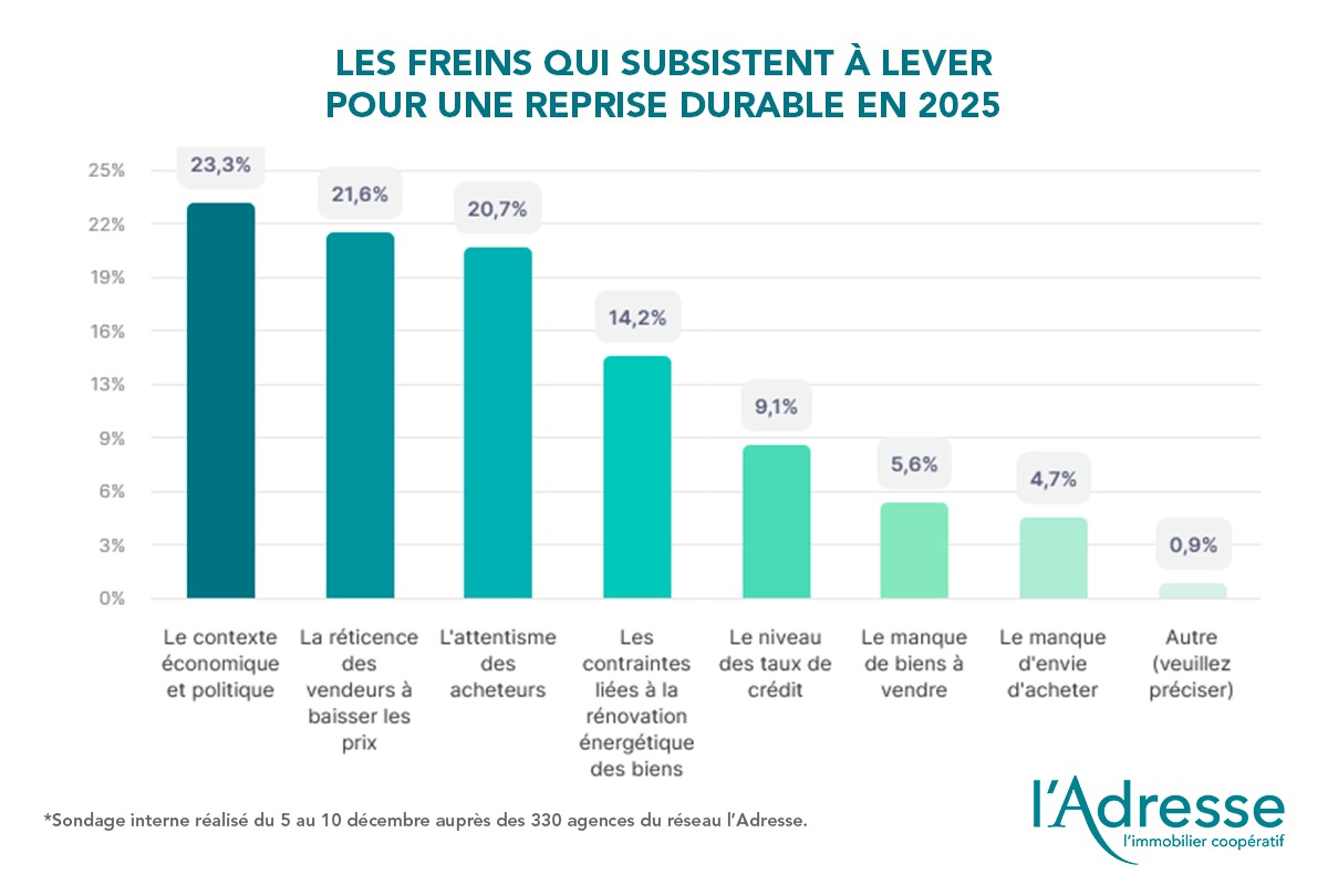Graphique sur les freins qui subsistent à lever pour une reprise durable en 2025 du marché immobilier selon les agences l'Adresse